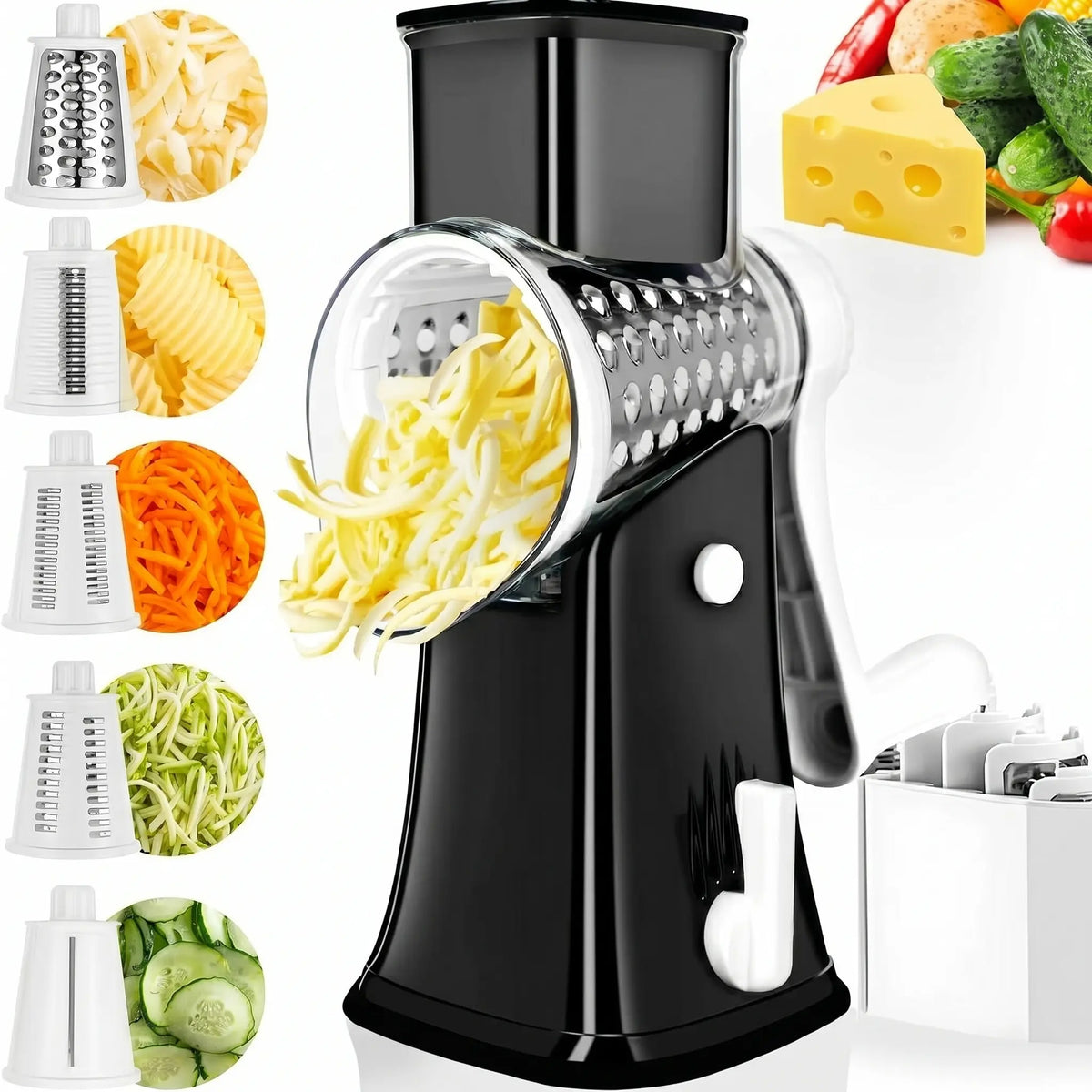 Rotary Cheese Grater with 5 Interchangeable Blade Shapes, Food Shredder Tool for Kitchen - Stable Suction, Easy to Operate, Shreds Cheese Fine Kitchen Utensil for Potato, Zucchini