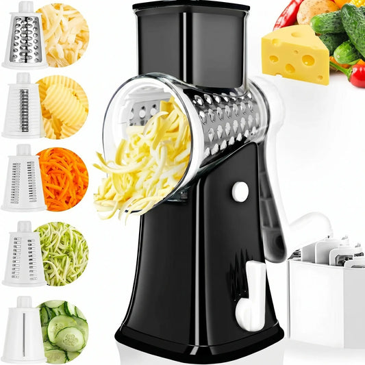 Rotary Cheese Grater with 5 Interchangeable Blade Shapes, Food Shredder Tool for Kitchen - Stable Suction, Easy to Operate, Shreds Cheese Fine Kitchen Utensil for Potato, Zucchini