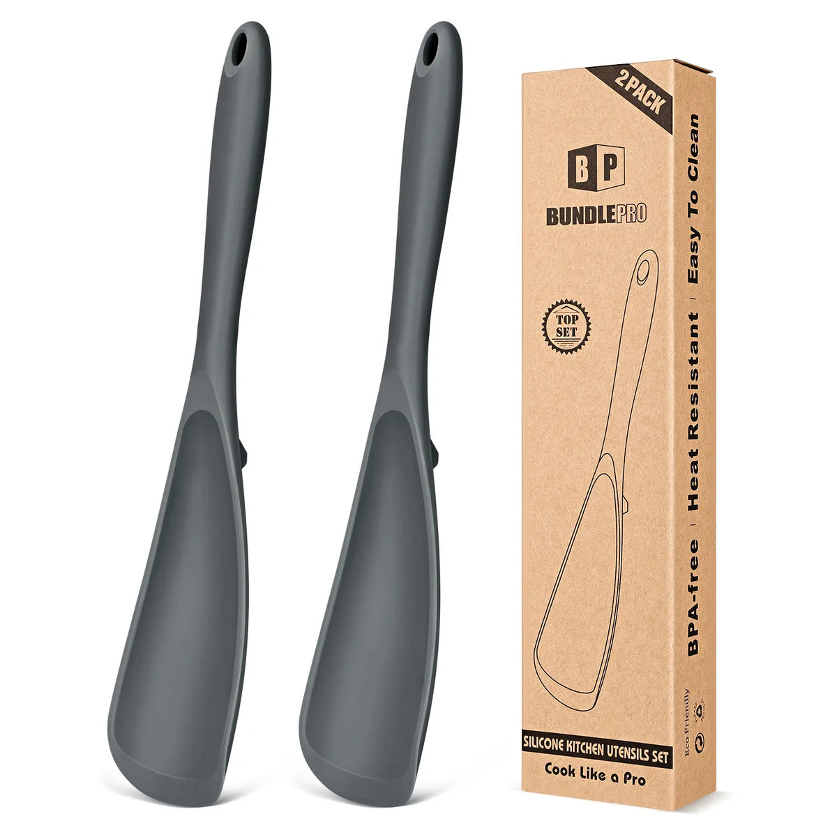 BundlePro Silicone Cooking Spoons 2-Pack - Anti-Adhesive Spatulas & Turners for Nonstick Cookware, BPA-Free Food Grade, Heat Resistant Handles Up to 446°F with Confidence, Top Stays Clean Mixing Kitchen Utensils Set