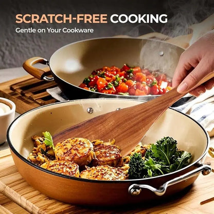 5-Piece Natural Kemu Wood Cookware Utensil Set - Nonstick Skillet-Safe Solid Grain Spoons, Soup Ladle, Wok Spatula, Comfort Grip, Smooth Finish, Durable, Easy to Clean, Non-Toxic Kitchen Tools, Five Pieces