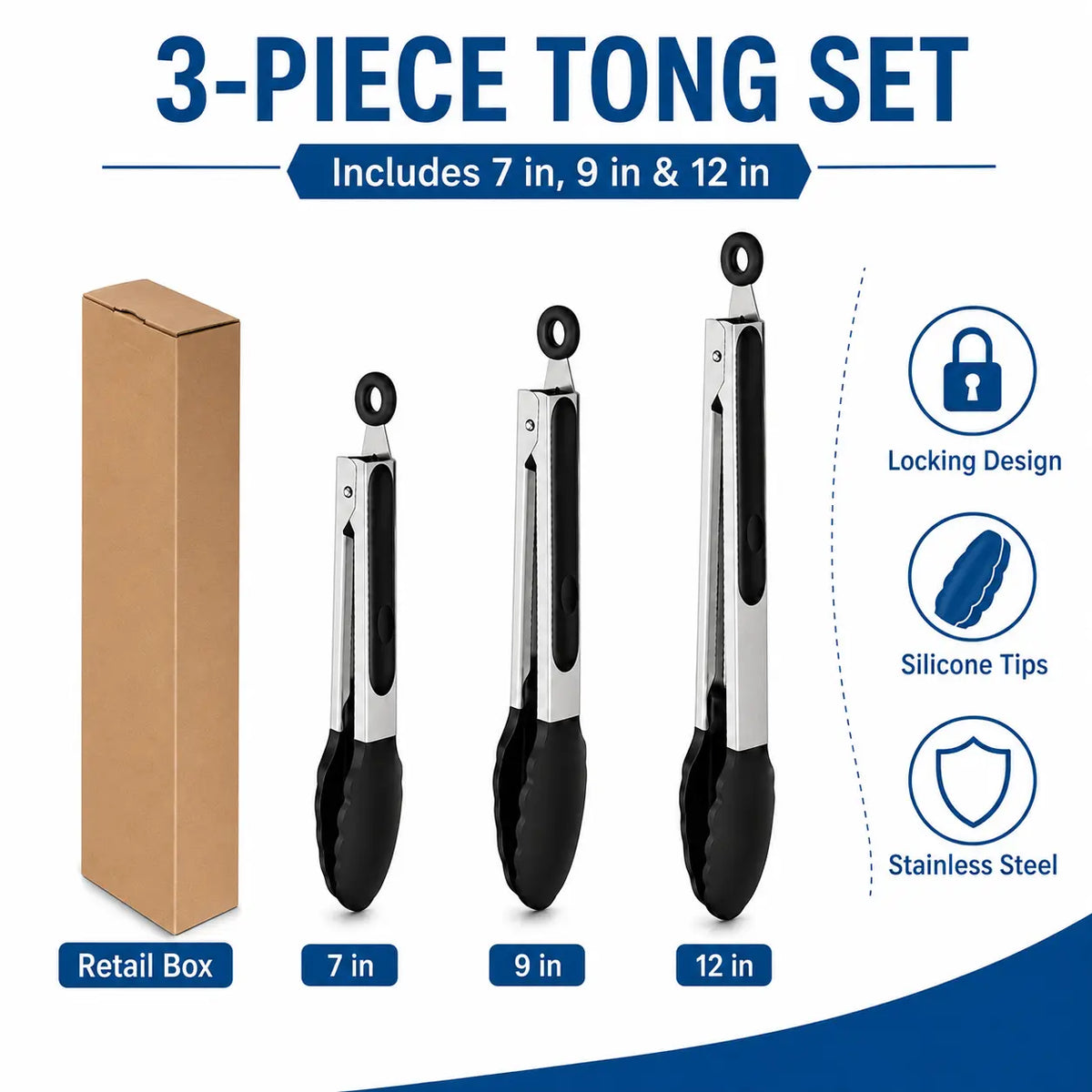 3Pcs Kitchen Tongs Set, 7/9/12 Inch Stainless Steel Cooking Tongs with Silicone Tips, Locking Food Tongs for Grilling, BBQ, Salad & Serving