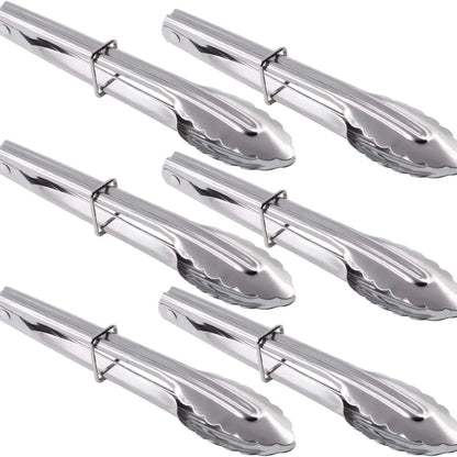 6Pcs 7-Inch Mini Stainless Steel Food Tongs with Silding Rings, Small Clam Shell Service Tongs for Serving Appetizers, Desserts, Salads, Barbecue and Cooking (Silver)