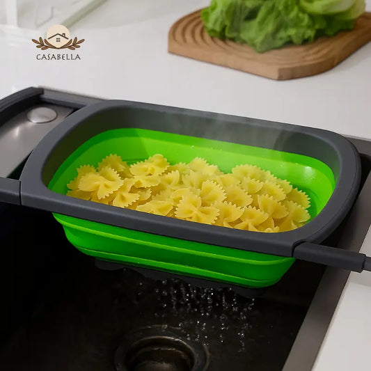 Casabella 6 Quart Collapsible Colander Strainer, Over-the-Sink Vegetable & Fruit Basket with Sturdy Extendable Handles – Space-Saving Kitchen Tool