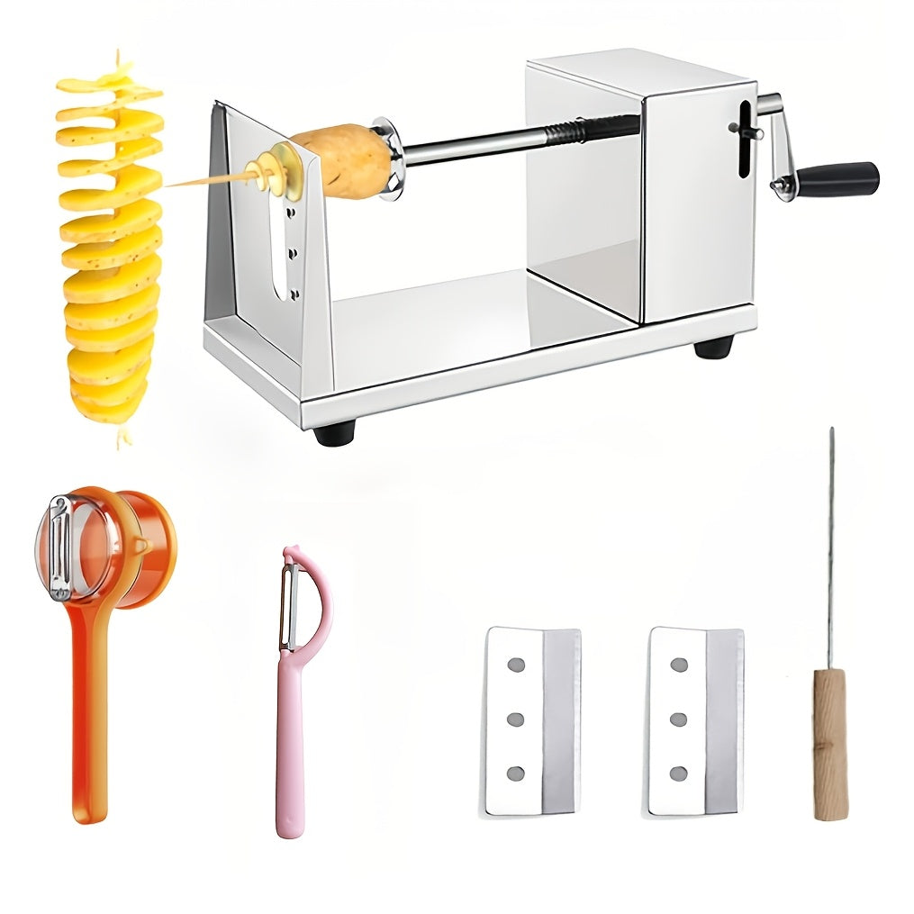 6pcs Combination Set Of Tornado Potato Cutter, Manual Potato Slicer, Stainless Steel Fry Cutter Potato Twister, Curly Fry Cutter Manual Crank 4-in-1 (also Includes 2 Blades, 1 Retractable Peeler, 1 2-in-1 Double-headed Peeler, 1 Skewer)