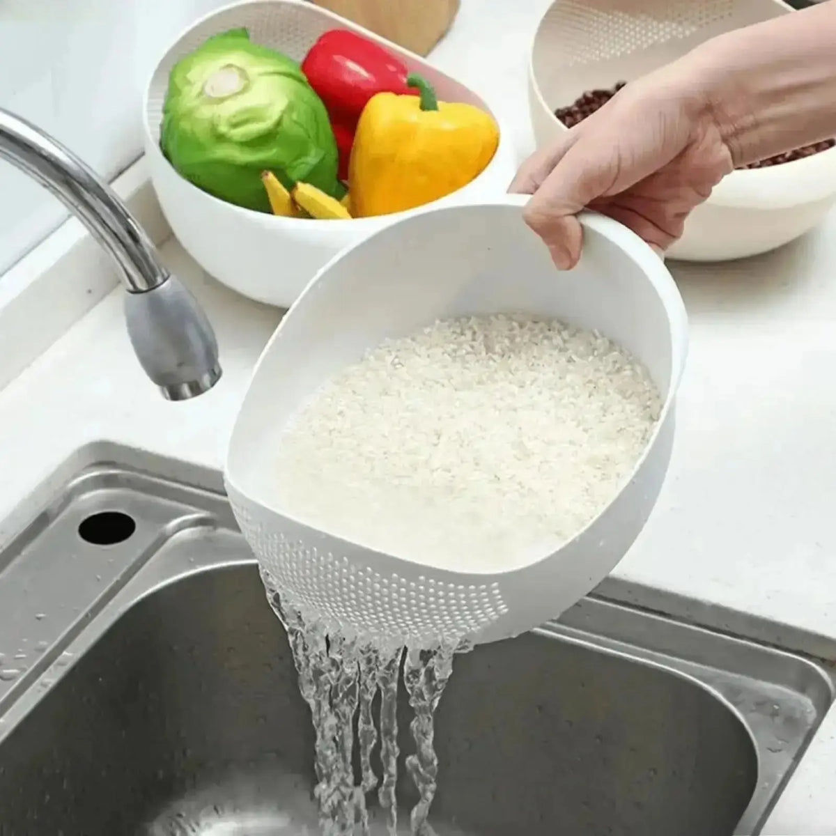 Multi-Functional Kitchen Drain Basket Basin, Dual Layer Colander Strainer for Rice Fruits Vegetables Household Food Washing Tool