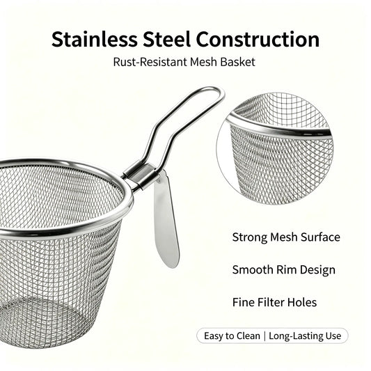 Stainless Steel Fine Mesh Strainer Basket, Deep Frying Basket with Hook Handle, Multipurpose Kitchen Colander for Noodles Dumplings Oil Filter Soup Straining