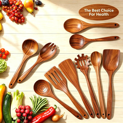 10-Piece Premium Acacia Wood Kitchen Utensils Set, Heat-Resistant Non-Scratch Smooth Spoons, Spatulas & Tongs, Safe for Non-Stick Cookware, Easy-to-Clean Durable Kitchen Gadgets (Mani or Small-Leaf Acacia Wood Options)