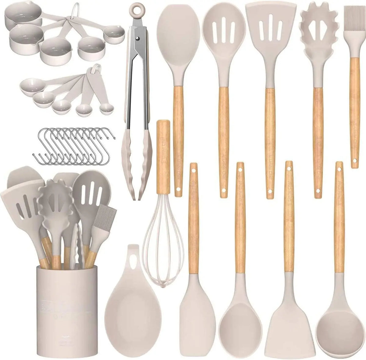 [New Deal] 33 PCS Non-Stick Silicone Kitchen Utensils Set with Wooden Handles & Holder – Versatile Cooking Tools for Pasta, Spatulas & More Cookware  Sturdy, Nonstick Cooking Spoon