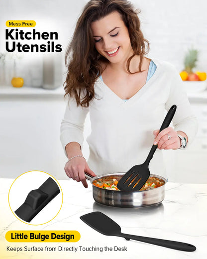BUNDLEPRO Khaki Kitchen Utensils Set - 2-Piece Non-Stick Slotted Silicone Spatula Turner, 1-Piece Solid Silicone Cooking Spoon, Heat-Resistant BPA-Free, Protects Pot Coats, Ideal for Family Daily Use, Cooking Fish & Pancakes