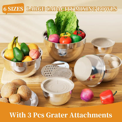 7-Pc Multi-Size Stainless Steel Nesting Bowls Set with Lids, Graters, Whisk, Spatulas - Versatile Bakeware, Space-Saving Kitchenware, Baking Supplies, Everyday Cooking Essentials