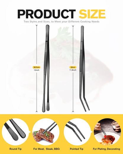 BUNDLEPRO 2-Piece Reusable Stainless Steel Kitchen Fine Tweezer Tongs, 12in Black Utensils Set, Professional Long Tweezers for Cooking, Seafood, BBQ