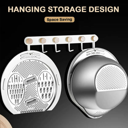 304 Stainless Steel Kitchen Basket - 4 in 1 Flat Grater, Sturdy Washing Basin Filter, Draining Colander with Side Drainer, Pasta Sieve, Utensils Holder (10.5"d x 5.5"h, Holes for Efficient Cleaning) with Adhesive Hook, Cheese Slicer, Easy to Store