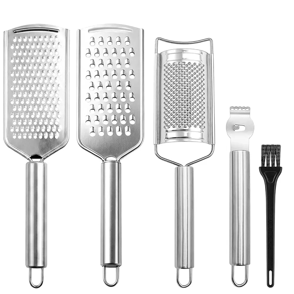 Stainless Steel 5-Piece High-Polish Rust-Resistant Multi-Use Cheese Grater Set - Smooth Modern Cooking Utensils Including Grater, Peeler, Slicer, Lemon Zester, Cleaning Brush for Cabbage, Vegetable Prep,sohochic