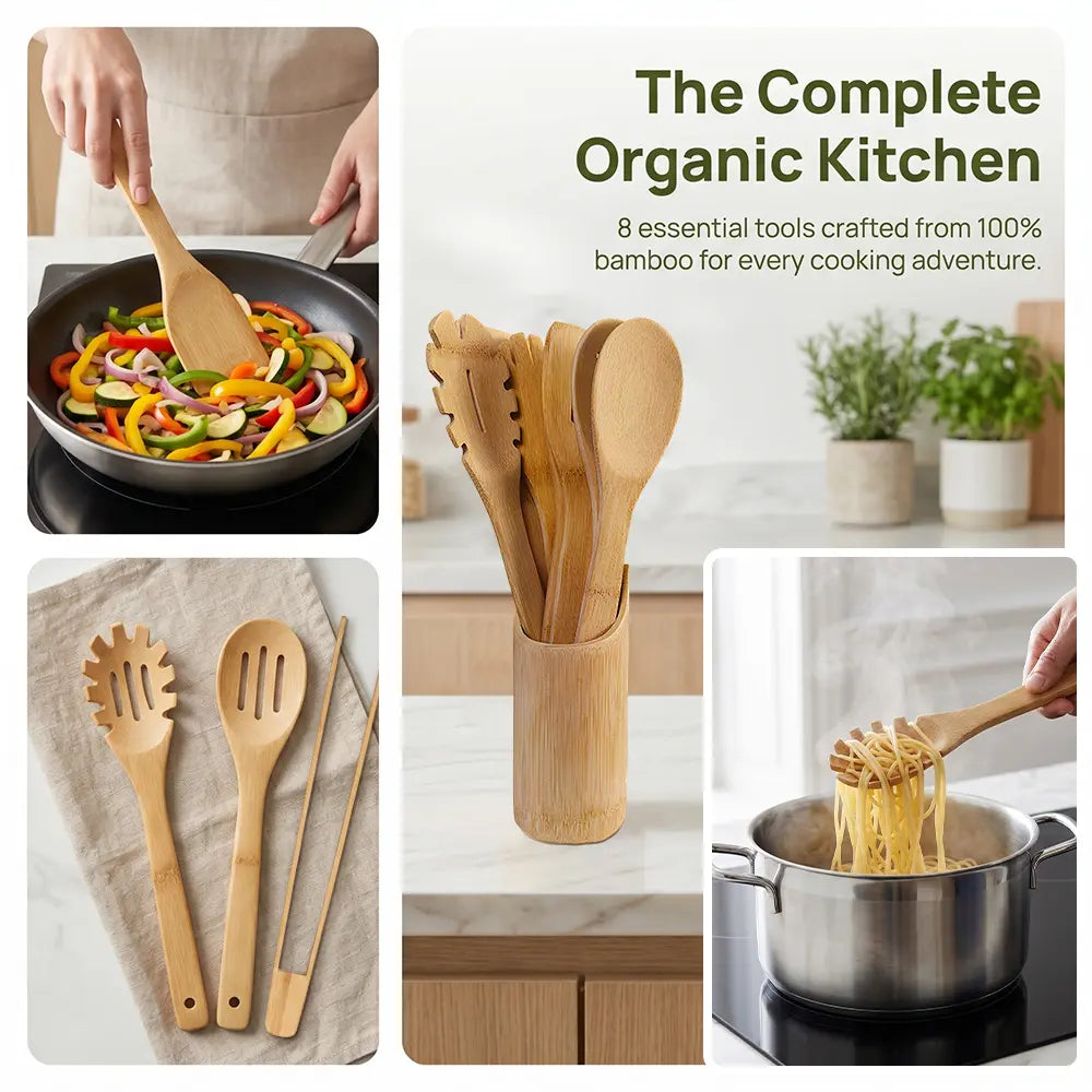 9 Pcs Bamboo Cooking Utensils Set - Nonstick Kitchen Tools with Smooth Finish, Includes Spatula, Slotted Turner, Soup Ladle, Solid Spoon, Scraper, Tongs, Strainer with Round Holes, Healthy Wooden Utensils