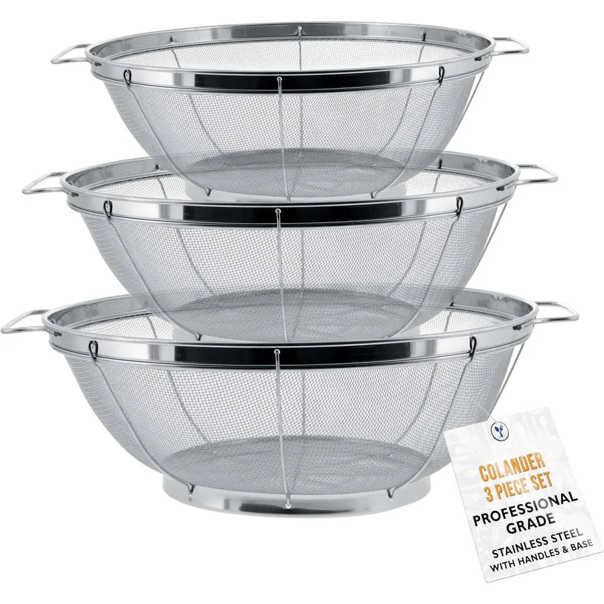 Sturdy 3-Piece Stainless Steel Colander Strainer Set - 5, 4, 3-Quart Steel Mesh Baskets with Handles, Resting Base, Ideal for Cooking Prep (Varied Capacity Kitchen Sieve Utensil)