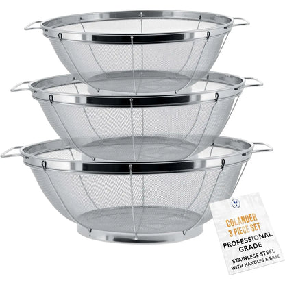Sturdy 3-Piece Stainless Steel Colander Strainer Set - 5, 4, 3-Quart Steel Mesh Baskets with Handles, Resting Base, Ideal for Cooking Prep (Varied Capacity Kitchen Sieve Utensil)