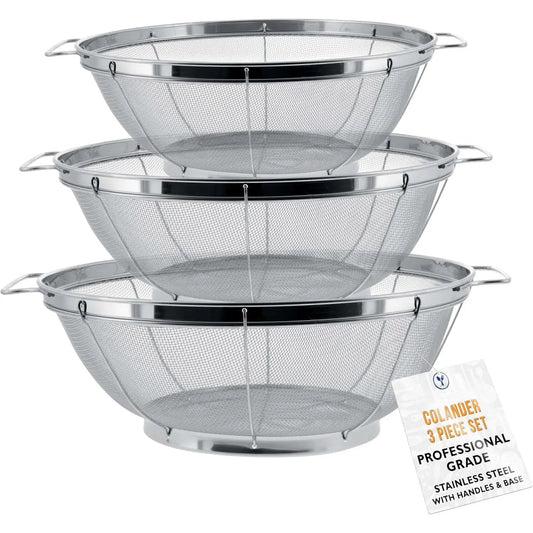 Sturdy 3-Piece Stainless Steel Colander Strainer Set - 5, 4, 3-Quart Steel Mesh Baskets with Handles, Resting Base, Ideal for Cooking Prep (Varied Capacity Kitchen Sieve Utensil)