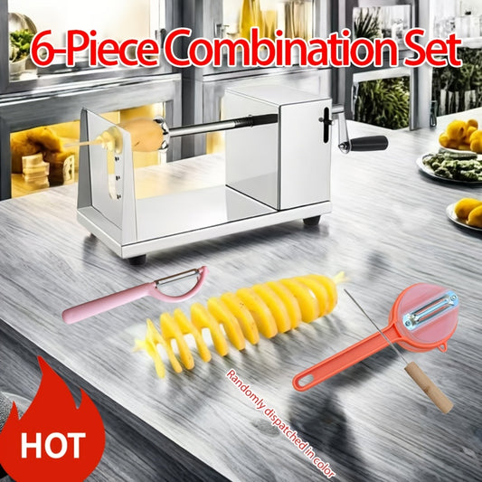 6pcs Combination Set Of Tornado Potato Cutter, Manual Potato Slicer, Stainless Steel Fry Cutter Potato Twister, Curly Fry Cutter Manual Crank 4-in-1 (also Includes 2 Blades, 1 Retractable Peeler, 1 2-in-1 Double-headed Peeler, 1 Skewer)