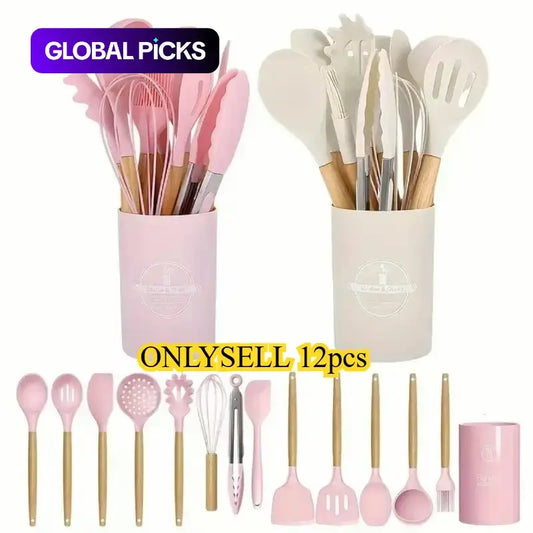 Silicone Kitchen Utensils Set, 12-Piece Non-Stick Cooking Gadgets with Beech Wooden Handle, Spatula Set for Home Use #GLOBAL PICKS