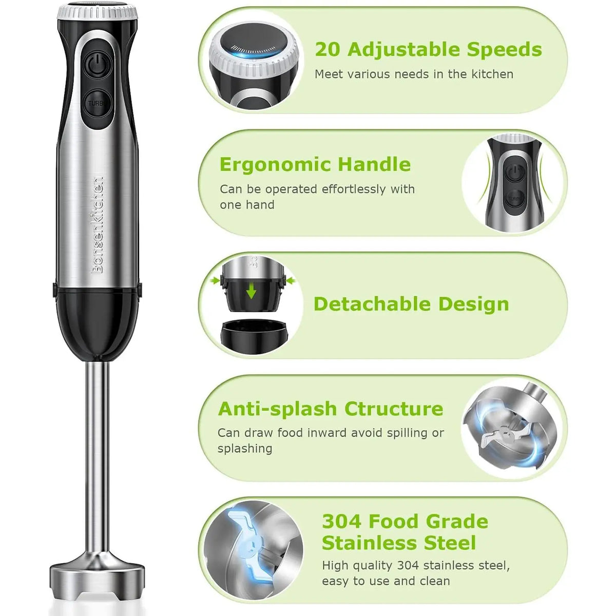 Bonsenkitchen Durable Stainless Steel Immersion Blender - 4-In-1 Multifunctional Household Appliances, High-Power High Speed Performance Hand Mixers, 20 Speeds, Turbo, 1-Hand Grip, Multi-Accessory Set (Egg Whisk, Beaker, Chopper Bowl, Dough Mixer),sohochi