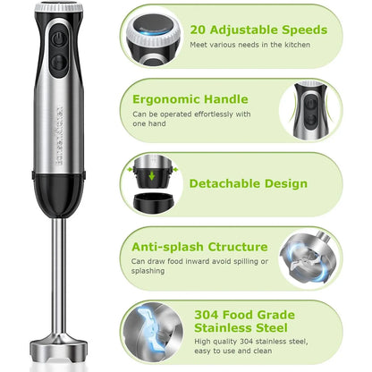 Bonsenkitchen Durable Stainless Steel Immersion Blender - 4-In-1 Multifunctional Household Appliances, High-Power High Speed Performance Hand Mixers, 20 Speeds, Turbo, 1-Hand Grip, Multi-Accessory Set (Egg Whisk, Beaker, Chopper Bowl, Dough Mixer),sohochi