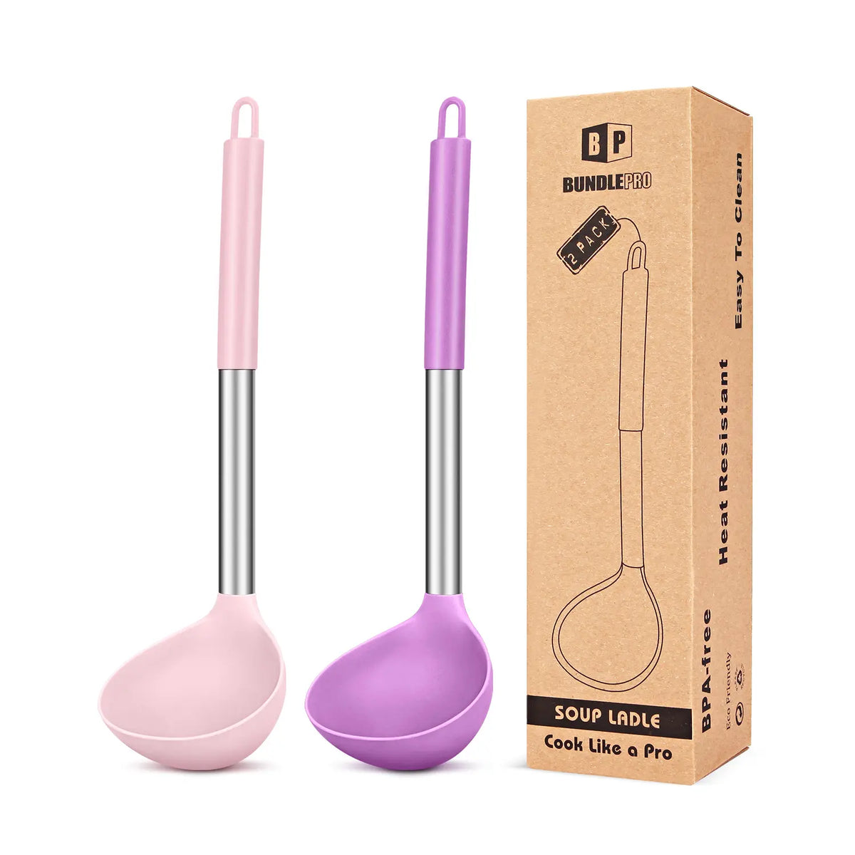 Pack of 2 Ladle Spoon,Silicone Large Spoon for Soup, Grey-Blue,Stainless,Hanging Non Stick Kitchen Utensils,For Cooking,Stirring,Serving Soups
