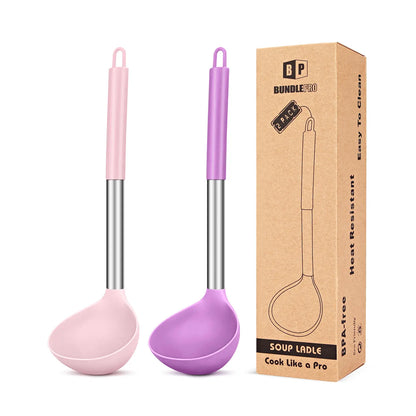 Pack of 2 Ladle Spoon,Silicone Large Spoon for Soup, Grey-Blue,Stainless,Hanging Non Stick Kitchen Utensils,For Cooking,Stirring,Serving Soups