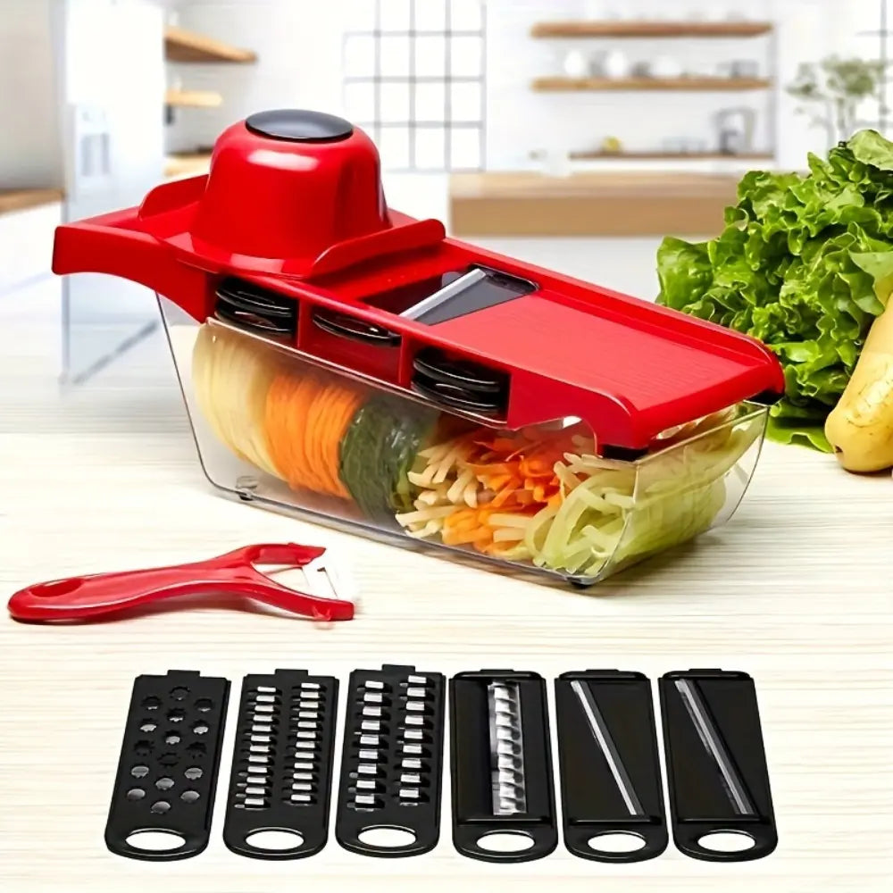 1 Set of New Material Upgraded 10-in-1 Multi-Functional Vegetable Slicer, Manual Vegetable Grater, Vegetable Cutter with 6 Interchangeable Blades, 1 Hand Guard, 1 Peeler, Kitchen Food Prep Tool. Christmas Family Gathering Kitchen Gadget