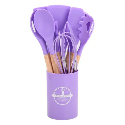 Silicone Kitchen Utensils Set, 12-Piece Non-Stick Cooking Gadgets with Beech Wooden Handle, Spatula Set for Home Use #GLOBAL PICKS