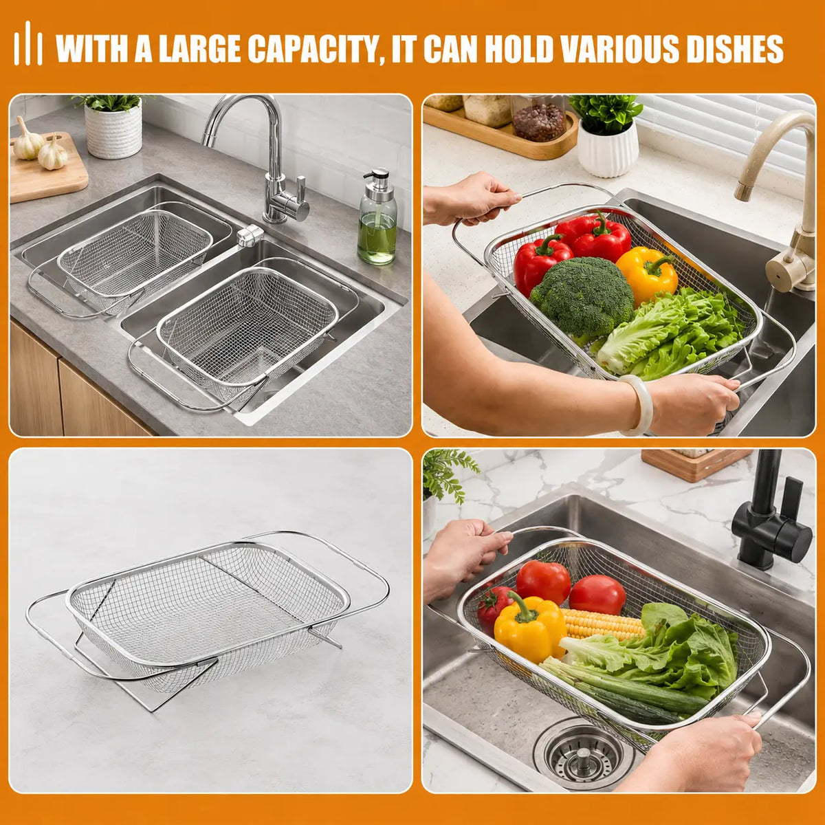 Stainless Steel Over-The-Sink Colander Strainer Basket - Expandable Rectangle Fine Mesh Kitchen Utensil with Handles, Silver Draining Kitchen Essential